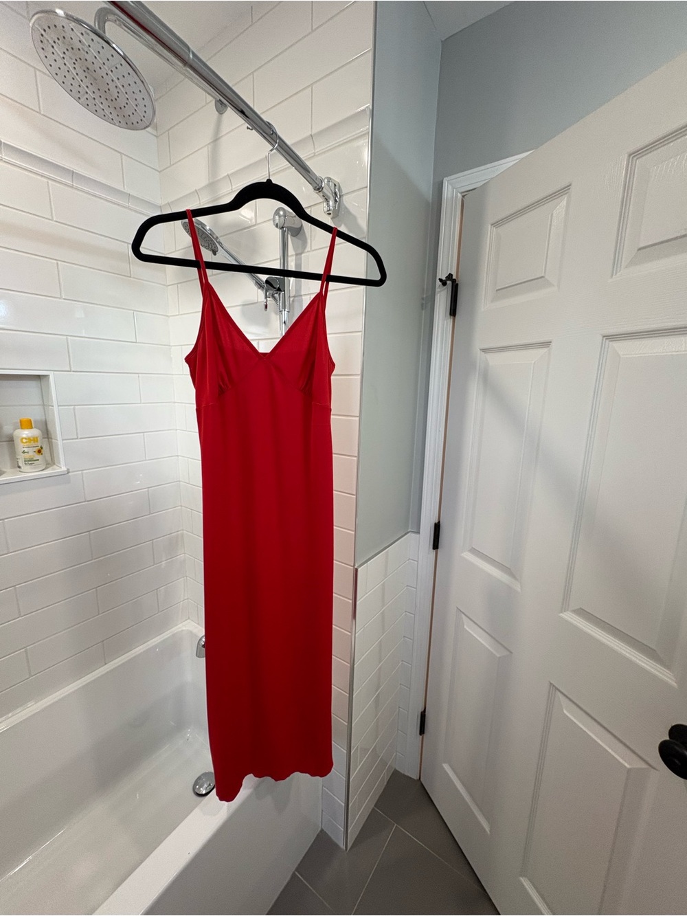 Red V-Neck Midi Slip Dress with Spaghetti Straps